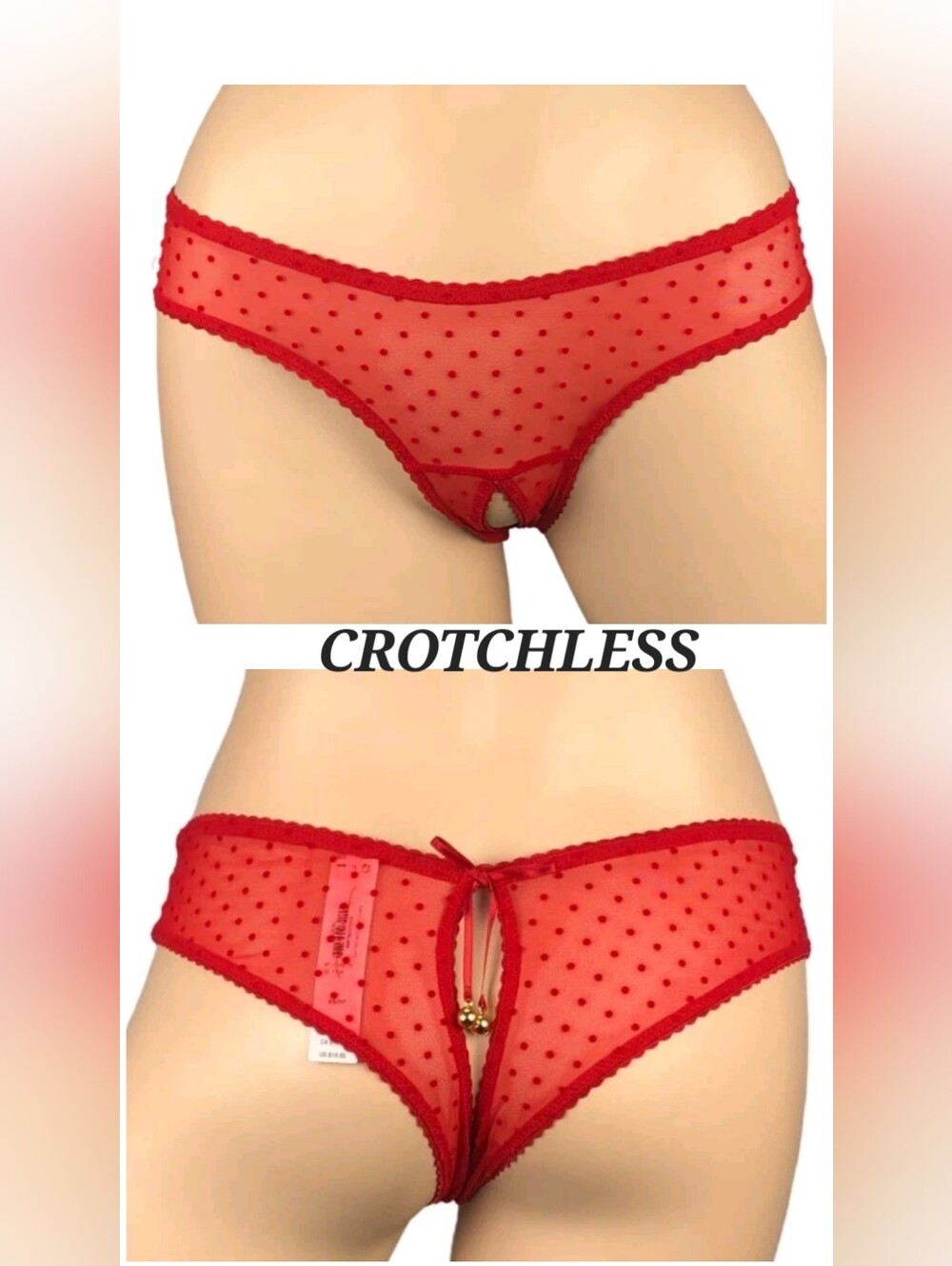 Victoria's Secret Very Sexy Jingle Bells Mesh Crotchless Cheeky Panty LARGE RED
